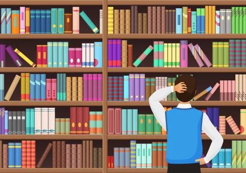 Young man chooses a book in the library. Vectror illustration. Stock Illustration