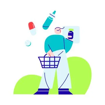 Young man choosing and ordering drugs and hygiene products online Stock Illustration