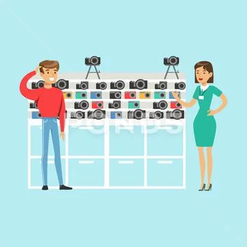Young man choosing camera with shop assistant help in appliance store colorful Stock Illustration