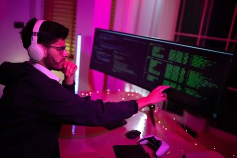 Young man coding in dimly lit room with large screen and gaming console Stock Photos