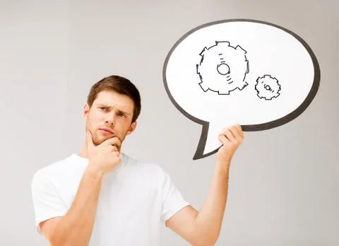 Young man with cogwheel in text bubble Stock Illustration