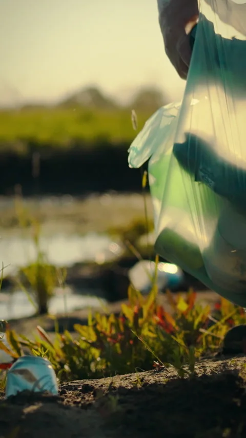 Young man collects plastic waste by the pond to promote environmental awaren Stock Footage 331741389