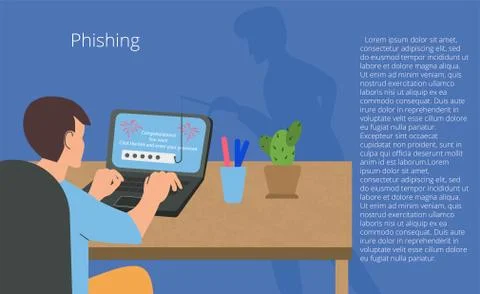 A young man at a computer and an online fraudster. Phishing, Scam, hacker att Stockillustratie