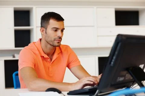 Young man, computer and work from home for online planning, virtual and 스톡 사진