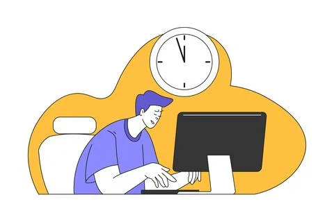 Young Man at Computer Multitasking Accomplishing Task Having Deadline Vector Illustrazione stock