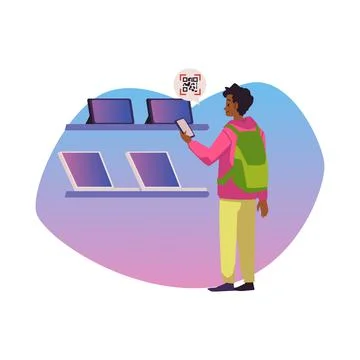 Young man in computer shop scanning QR code with information, flat vector イラスト素材