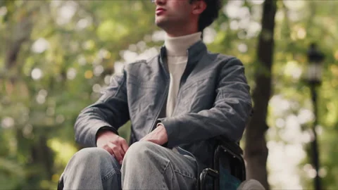Young man confidently posing while seated in a wheelchair amidst autumn park Stock Footage 288035829