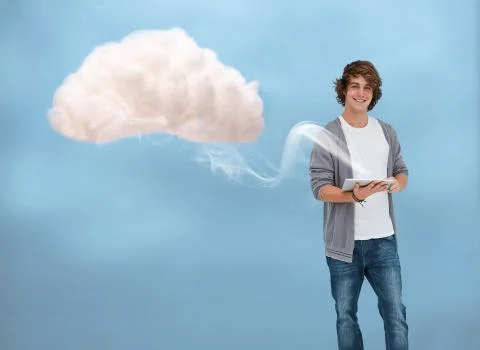 Young man connecting to cloud computing Illustrazione stock
