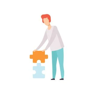 Young man connecting puzzle elements, guy putting jigsaw puzzles together vector イラスト素材