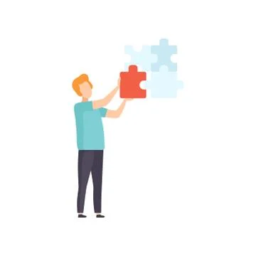Young man connecting puzzle elements, man putting jigsaw puzzles together vector 스톡 일러스트