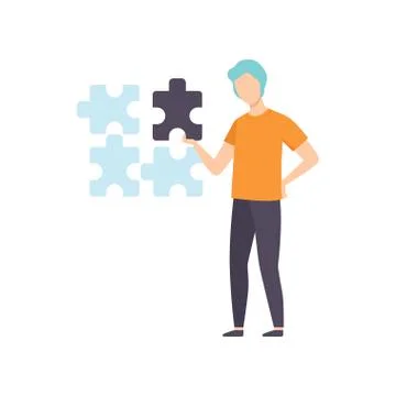 Young man connecting puzzle elements together, businessman having idea vector イラスト素材