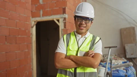 Young man in construction gear with crossed arms at building site indoors Vídeos de archivo 284288083