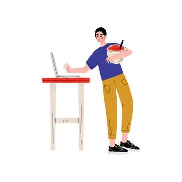 Young Man Cooking in Kitchen Using Laptop Computer Vector Illustration Illustrazione stock