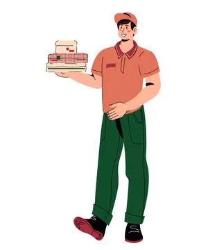 Young man courier of delivery services holding boxes, cartoon vector illustra Stock Illustration