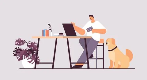 Young man with credit card using laptop online shopping concept living room Illustrazione stock