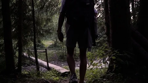 Young man crosses a small stream through a makeshift wooden bridge Stock Footage 114631468