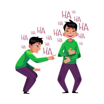Young man crying from laughter, pointing, covering mouth with his stomach Stock Illustration