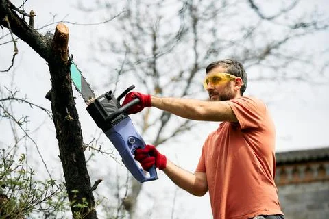 Young man cutting trees using electrical chainsaw in motion at his backyard 스톡 사진