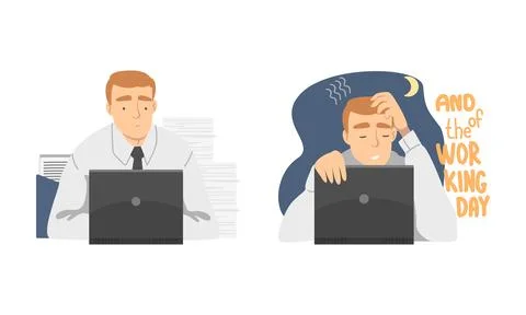 Young man daily routine set. Businessman working at computer in office cartoon Stock Illustration