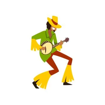 Young man dancing and playing music with banjo at Brazil carnival, male dancer Stock Illustration