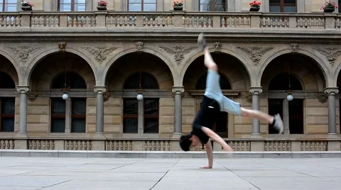 Young man dancing breakdance in the Prague Stock-Footage 53098413