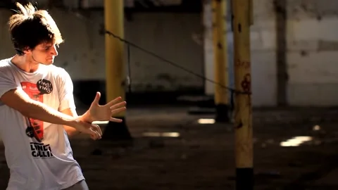 Young man dancing in studio Break Dancer, Hip Hop with lights, smoke Stock Footage 159609889