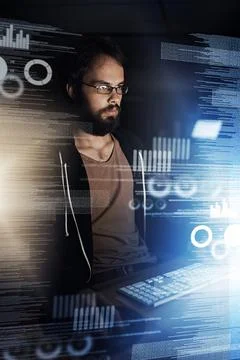 Young man, data and night with overlay on computer in future development 스톡 사진