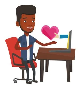 Young man dating online using laptop 스톡 일러스트