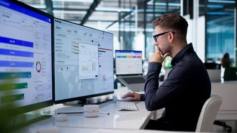 Young Man Designs Personalized Email Campaign Using Visual Workflow Editor. Stock Photos