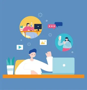 Young man in desk using laptop chatting with people Stock Illustration