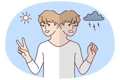 Young man in different mood suffer from mental or psychological problem. Mad and Stock Illustration
