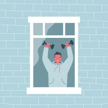 Young man does a workout by the open window Stock Illustration