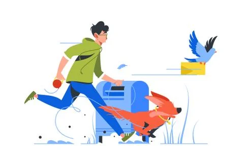 Young man with dog sent message by classic method. Stock Illustration
