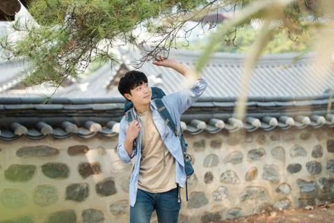 A young man doing a backpacking trip in a Korean traditional house. Stock Photos