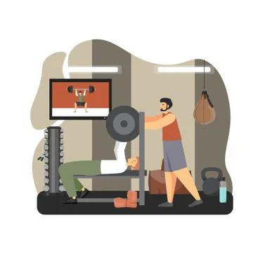 Young man doing bench press exercises, lifting barbell with personal trainer Stock Illustration