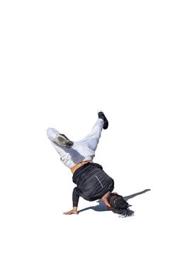 Young man doing break dance stunts with shade and white background Stock Photos