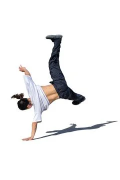 Young man doing break dance stunts with shade and white background 库存照片