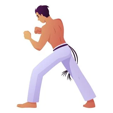 Young man doing capoeira kick pose, performing defensive exercise, vector flat Stock Illustration
