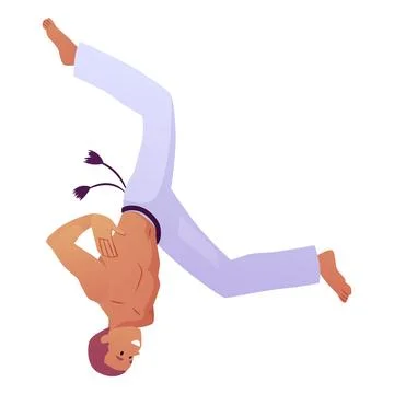 Young man doing capoeira upside down pose in air, performing exercise, vector Illustrazione stock