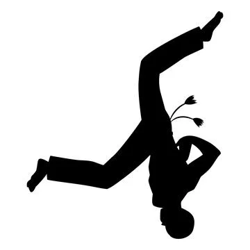 Young man doing capoeira upside down pose in air black silhouette, vector Stock Illustration
