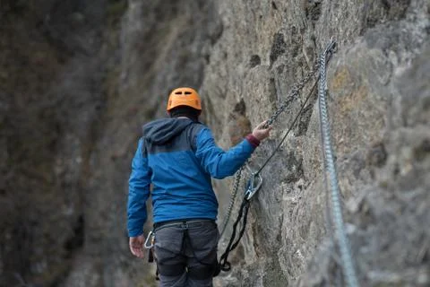 Young man doing a climbing line in Canillo, Andorra. Stock Photos