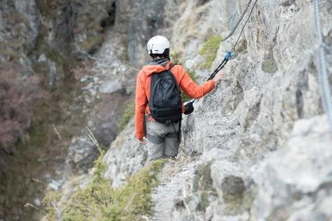 Young man doing a climbing line in Canillo, Andorra. Stock Photos