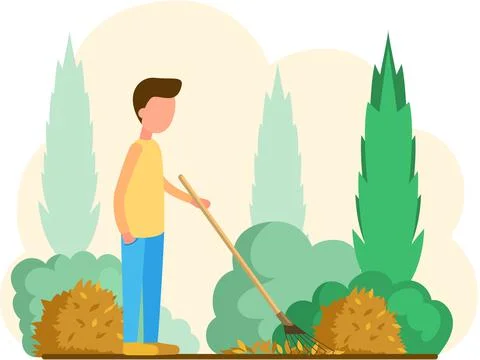 Young man doing garden work, remove yellow leaves, works on yard. Agricultural 스톡 일러스트