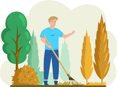 Young man doing garden work, remove yellow leaves, works on yard. Agricultural Stock Illustration