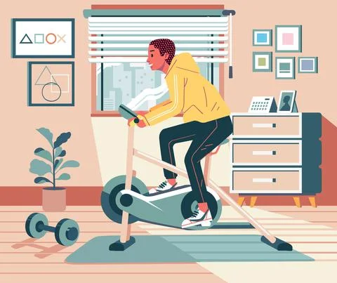 Young man doing routine exercise at home using static bike with apartment des Stock Illustration