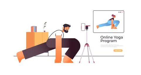 Young man doing stretching exercises while watching online video training Illustrazione stock