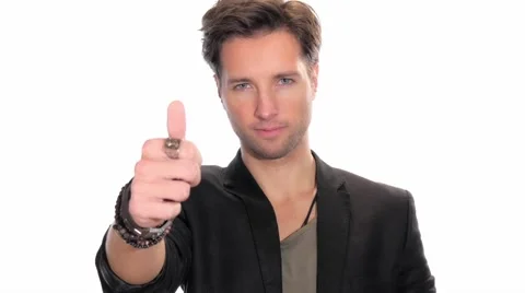 Young man doing thumb-up sign over white background Видео 45893990
