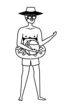 Young man with donut float and beach balloon character Illustrazione stock