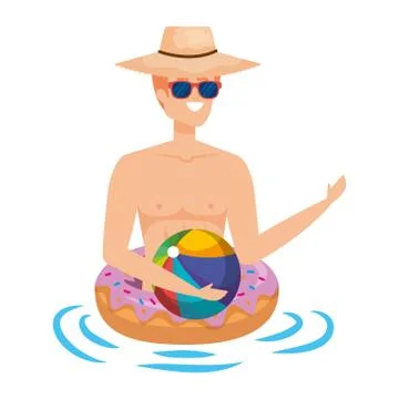 Young man with donut float and beach balloon character Illustrazione stock
