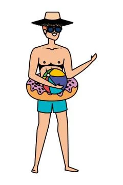 Young man with donut float and beach balloon character Stock Illustration